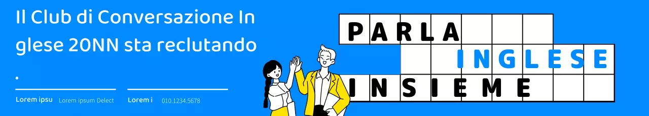 Design per il reclutamento di un club di conversazione inglese con illustrazione al tratto e schema di colori blu