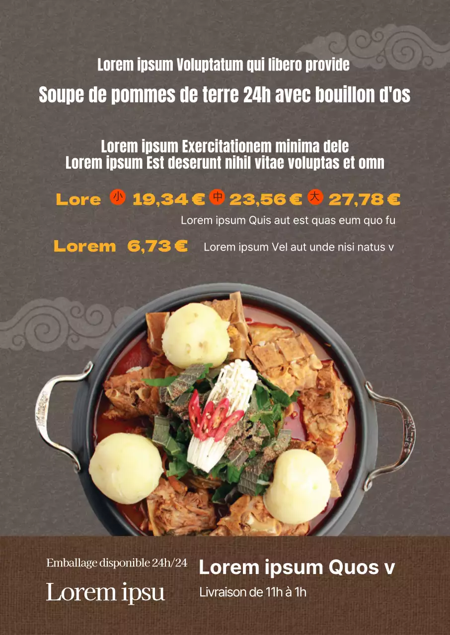 Une photo brune met en évidence un restaurant traditionnel promouvant la soupe de pommes de terre au bouillon d'os.