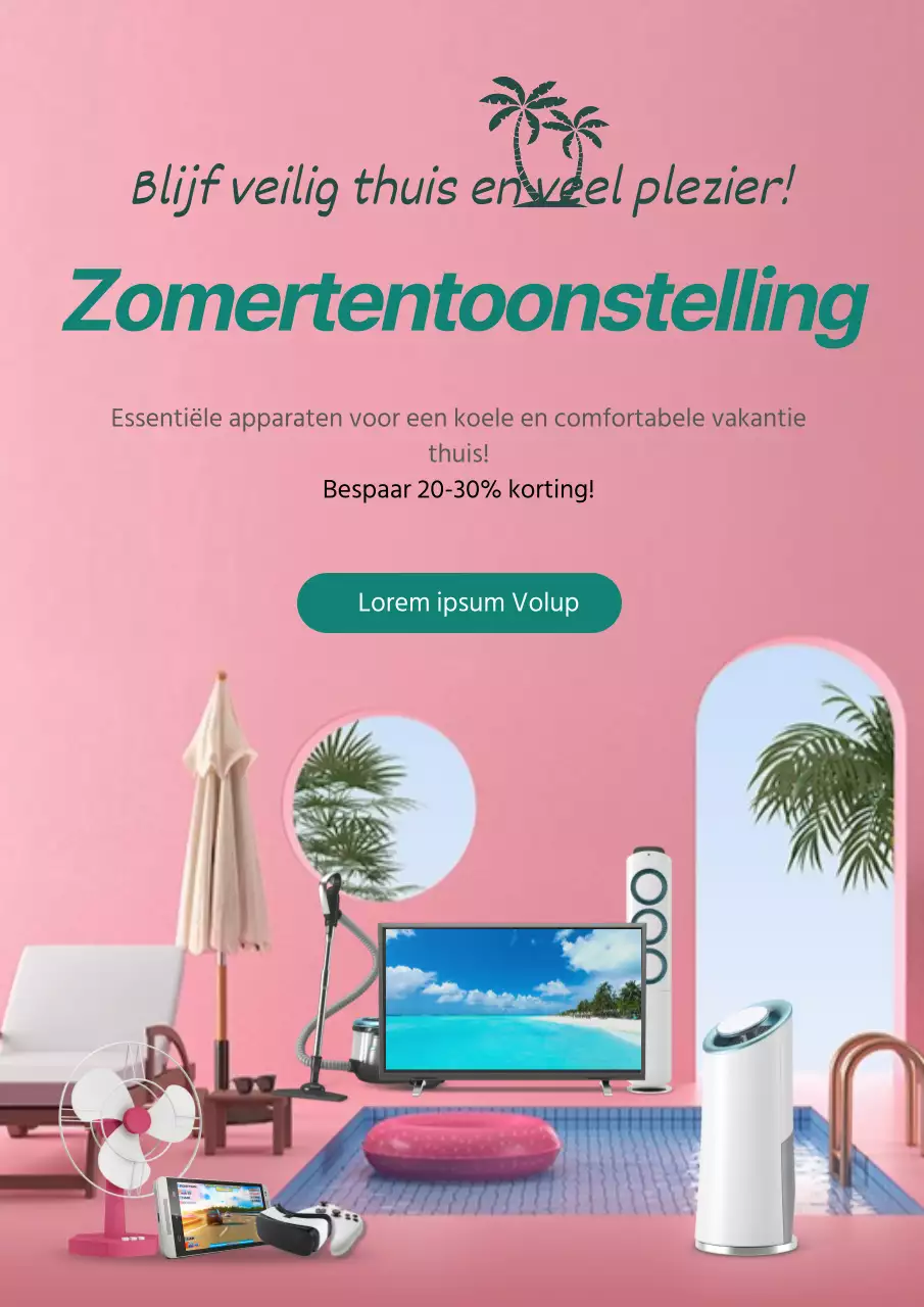 Eenvoudige promotieposter voor zomertentoonstelling in roze en groen