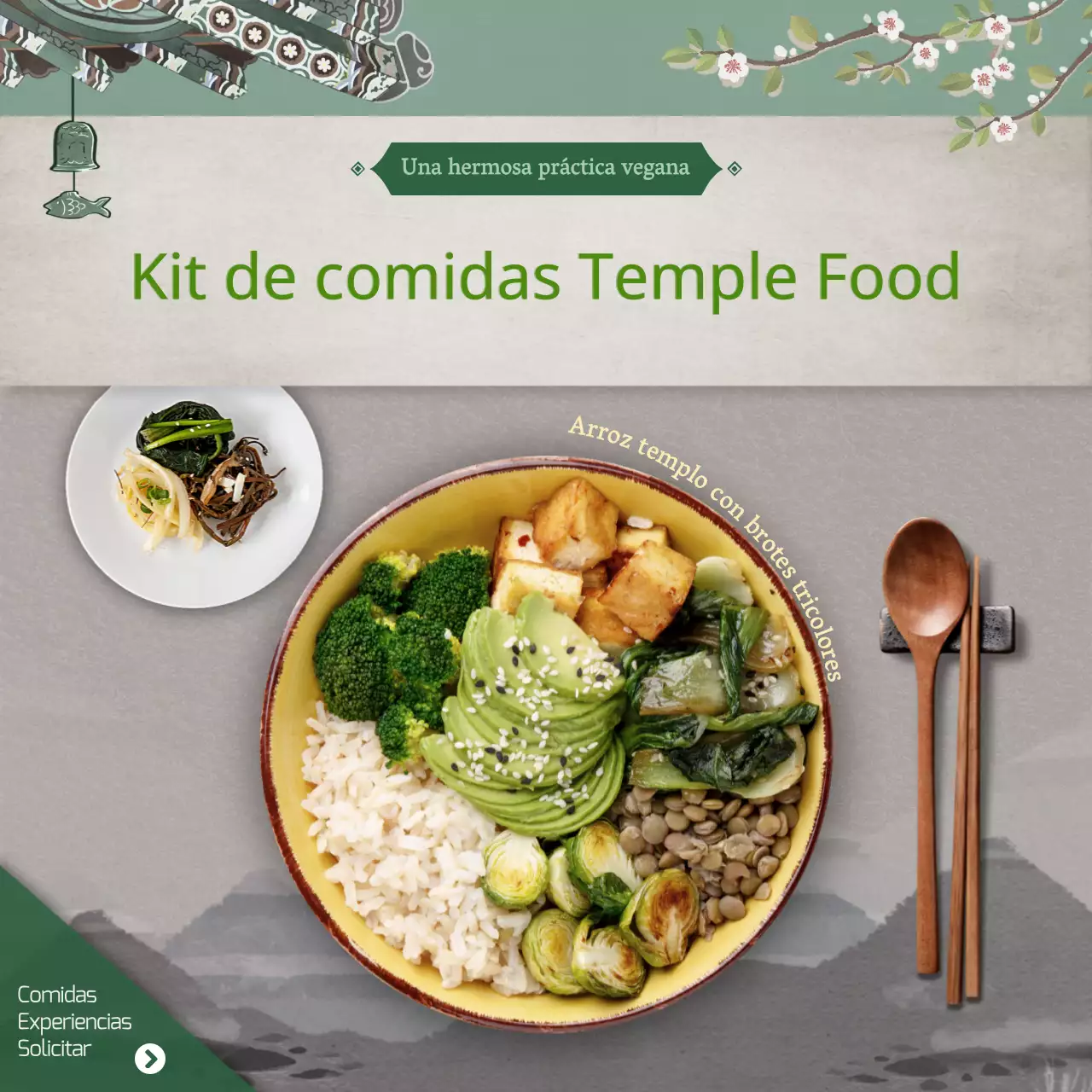 Verde y beige pintura de tinta tradicional templo comida comida kit medios de comunicación social