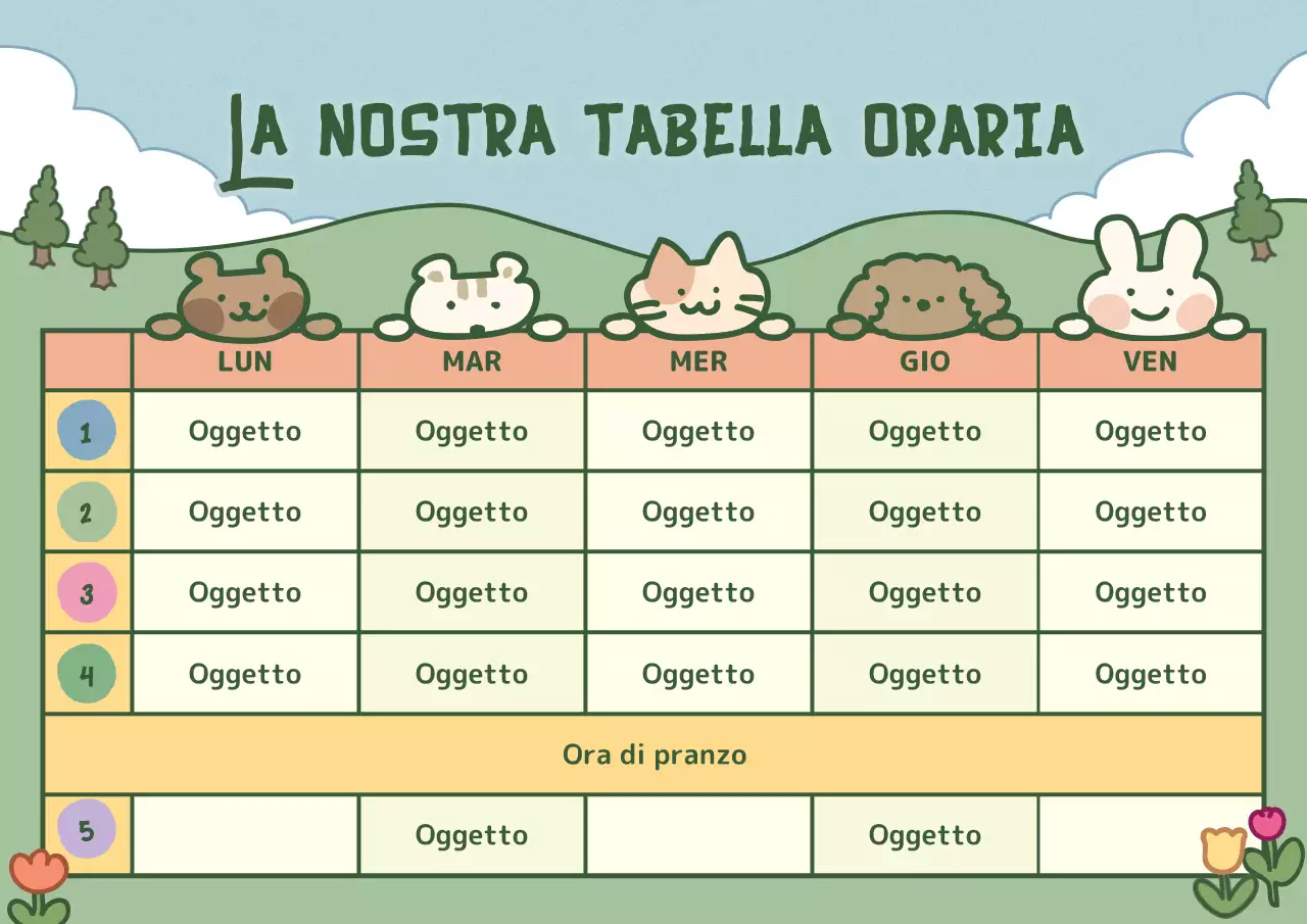 Orario con simpatiche illustrazioni in azzurro e verde