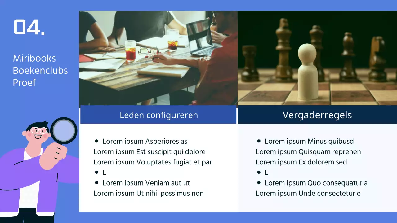 Een boekenplankthema met menselijke illustraties op een eenvoudige achtergrond van paars en blauw.