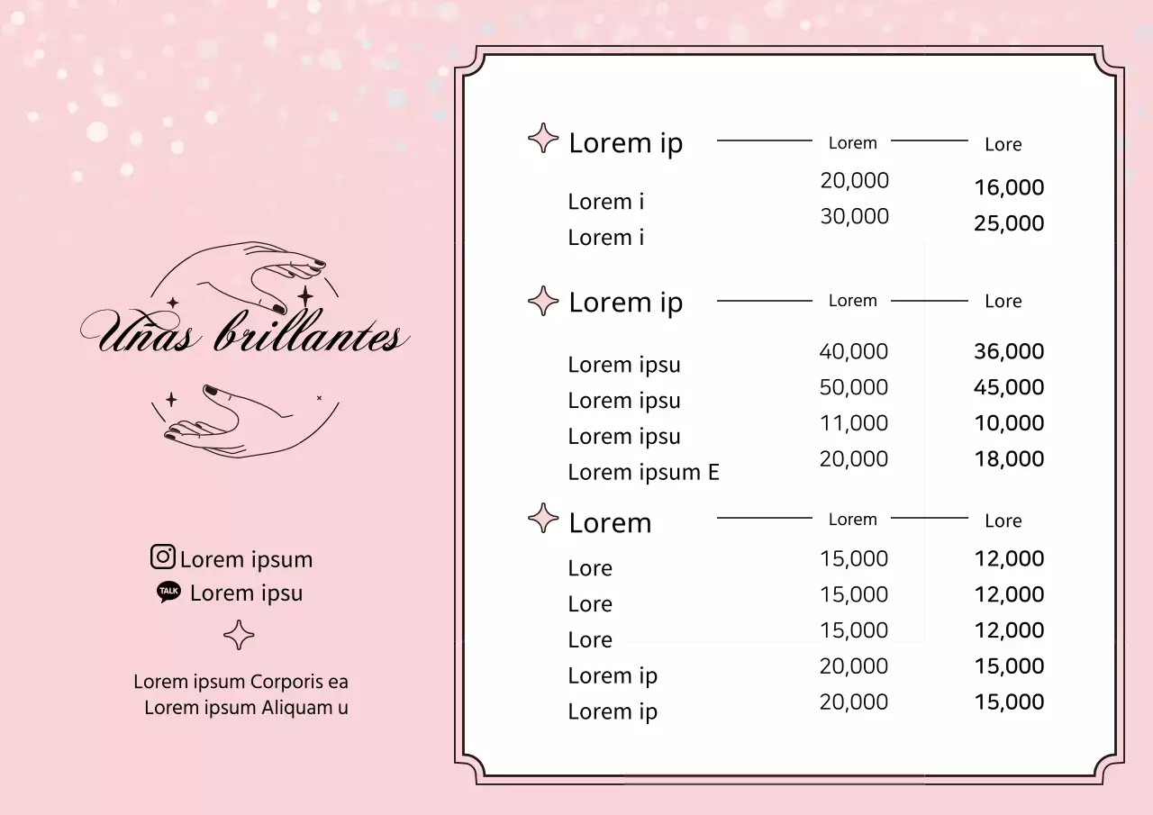 Menú de salón de manicura limpio con ilustraciones en rosa