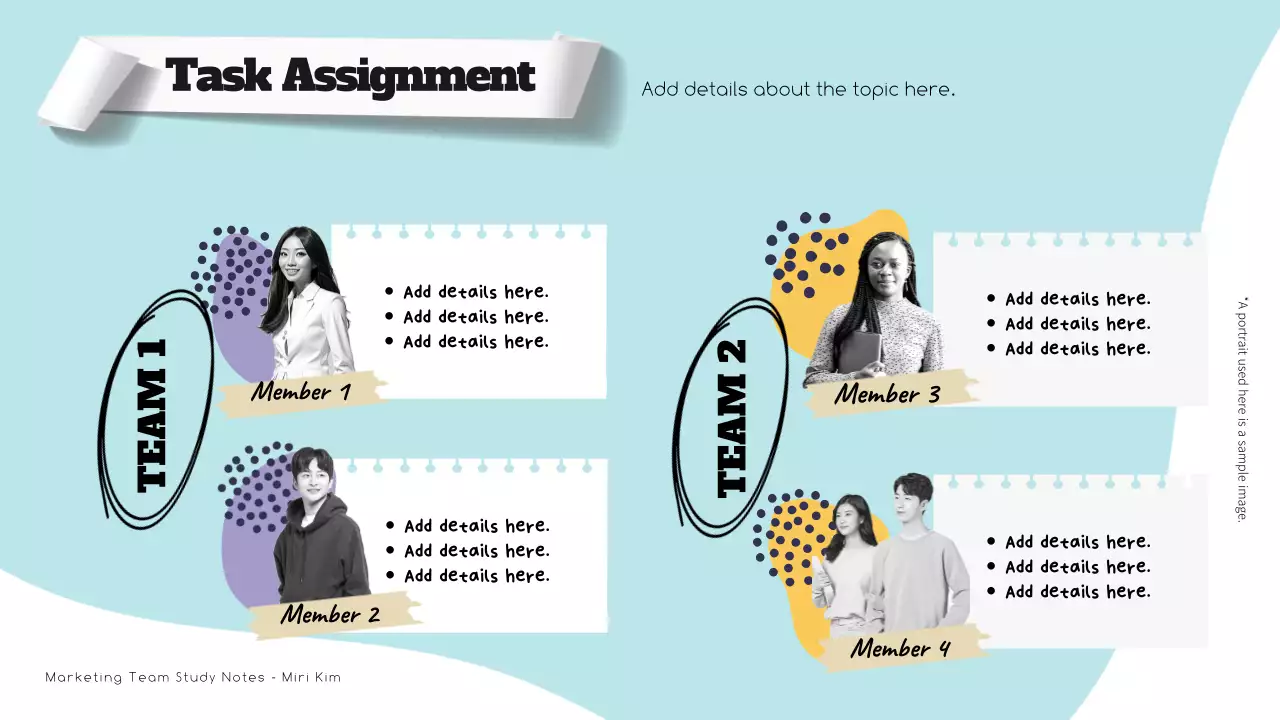 하늘색과 노랑색의 모던한 마케팅 회의록 보고서