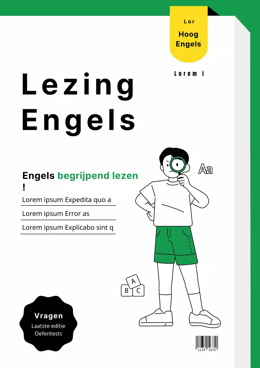Groen met gele boekachtige omslag met een strakke, schattige illustratie van een examenpapier Engels voor K-12