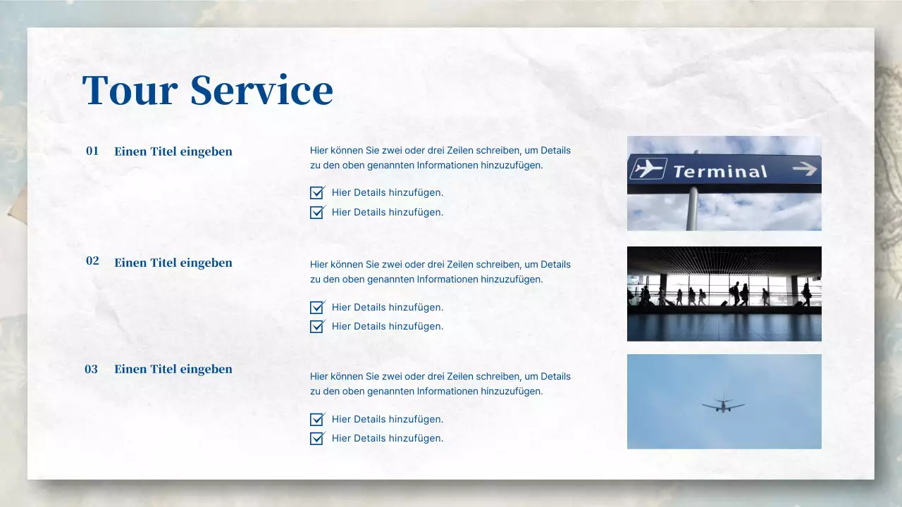 Ein postkartenähnliches Reisebüro in Blau- und Pastelltönen