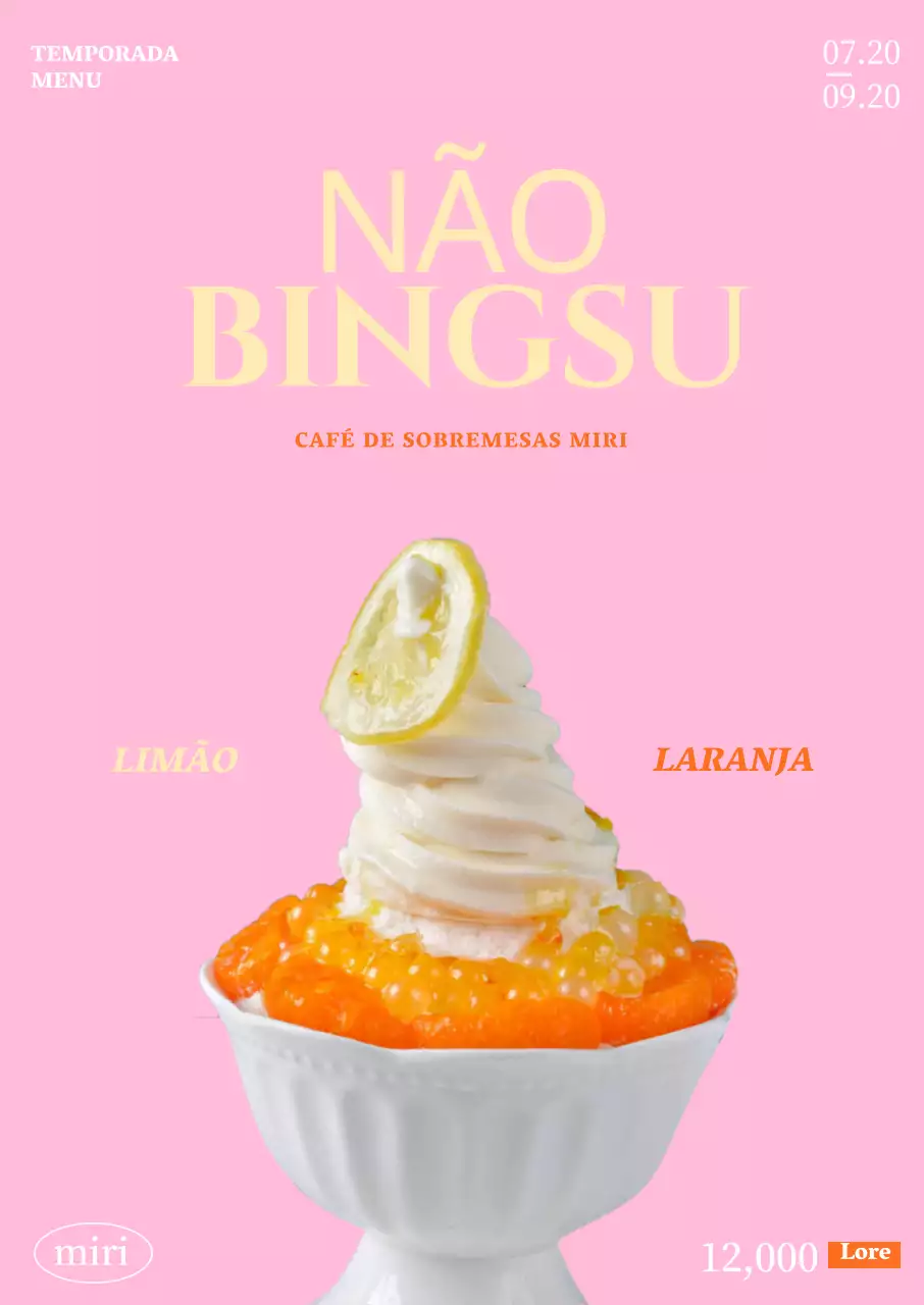 Cartaz de menu com uma imagem de um gelado no meio de um fundo cor-de-rosa