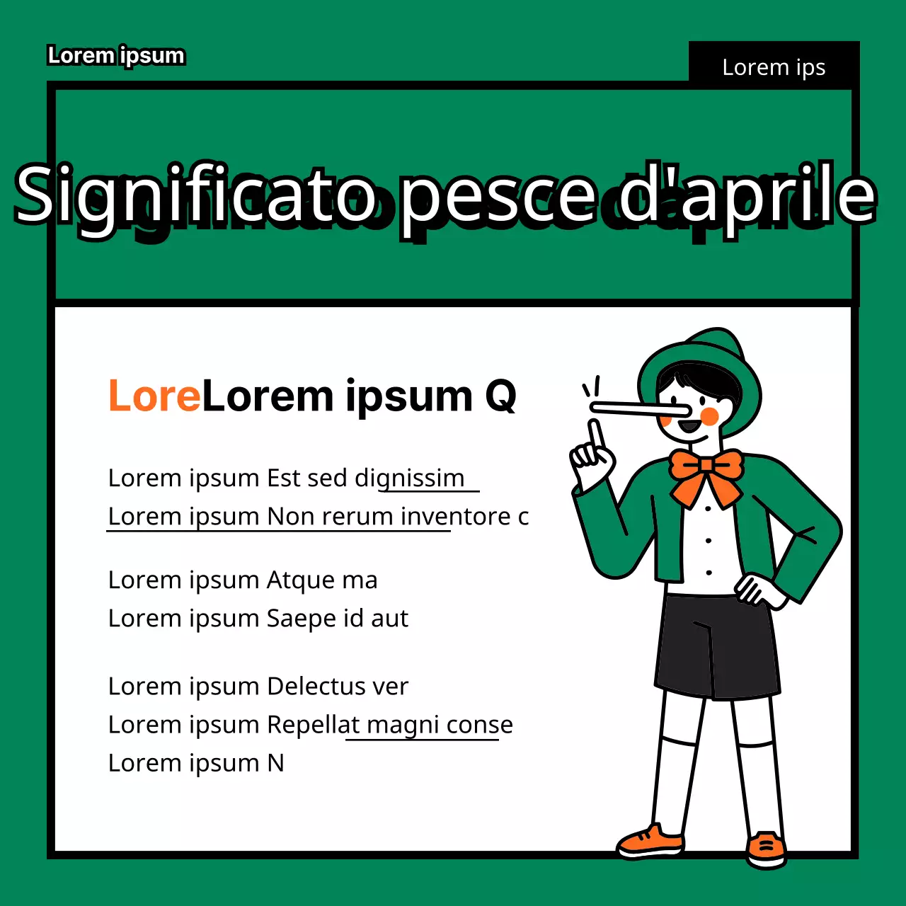 Il pesce d'aprile si nasconde TMI in una simpatica, divertente, piatta e semplice illustrazione di Pinocchio in verde e arancione.