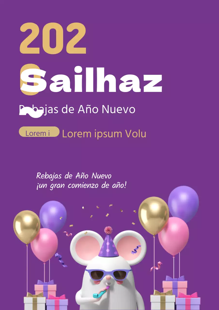 Promocione una venta de Año Nuevo con una ilustración de ratones de fiesta y regalos de color morado