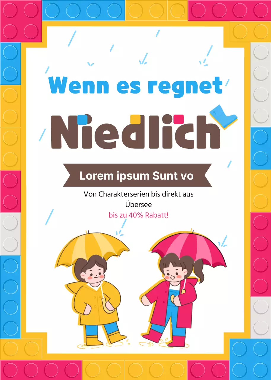 Kinderartikel für die Regenzeit mit bunten Blöcken und einem niedlichen Kinderkonzept