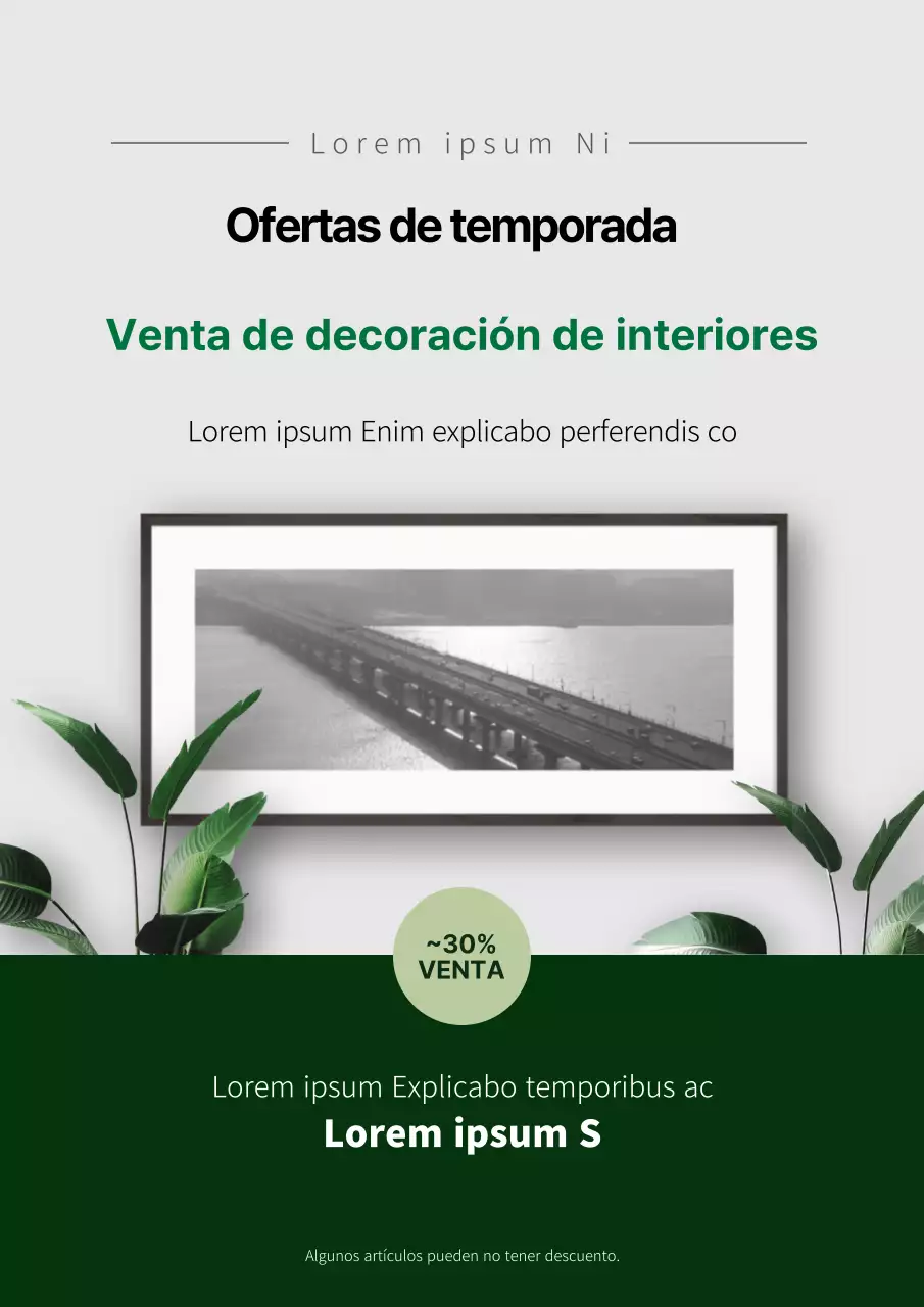 Folleto promocionando un evento de descuento para artículos de interior modernos en verde y gris
