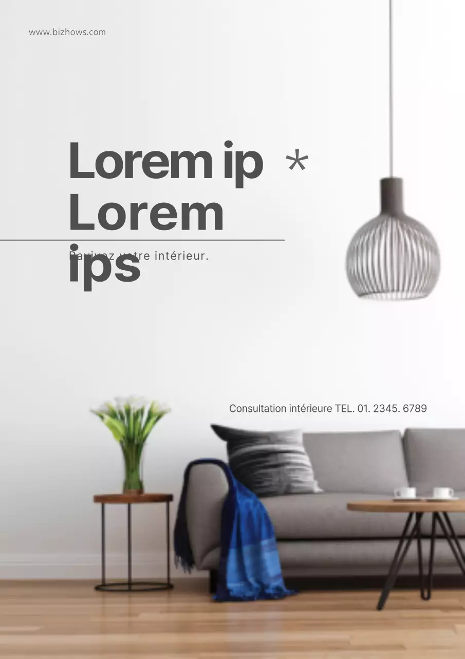 Promouvoir une entreprise d'aménagement intérieur simple avec des photos d'intérieurs de salons modernes gris