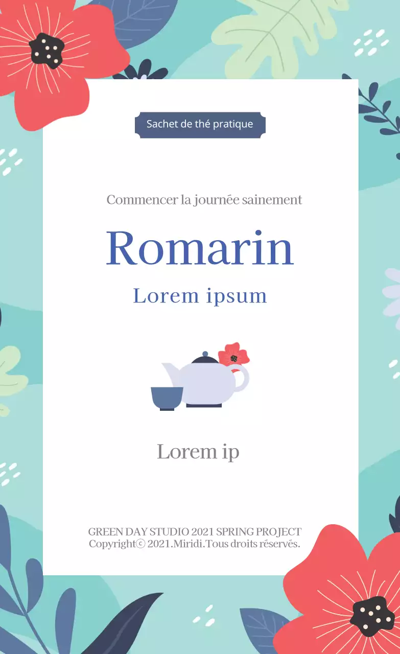 Illustration bleue étiquette de thé au romarin