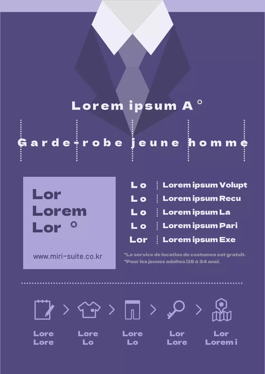 Instructions pour la location d'un costume d'entretien violet et blanc pour jeunes adultes