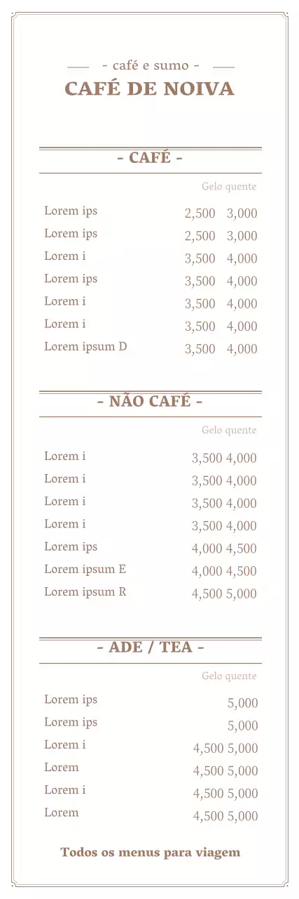 Cartaz simples de menu de café em branco e castanho