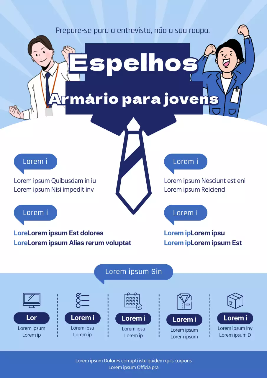 Ilustração simples a azul de um jovem numa entrevista de emprego.