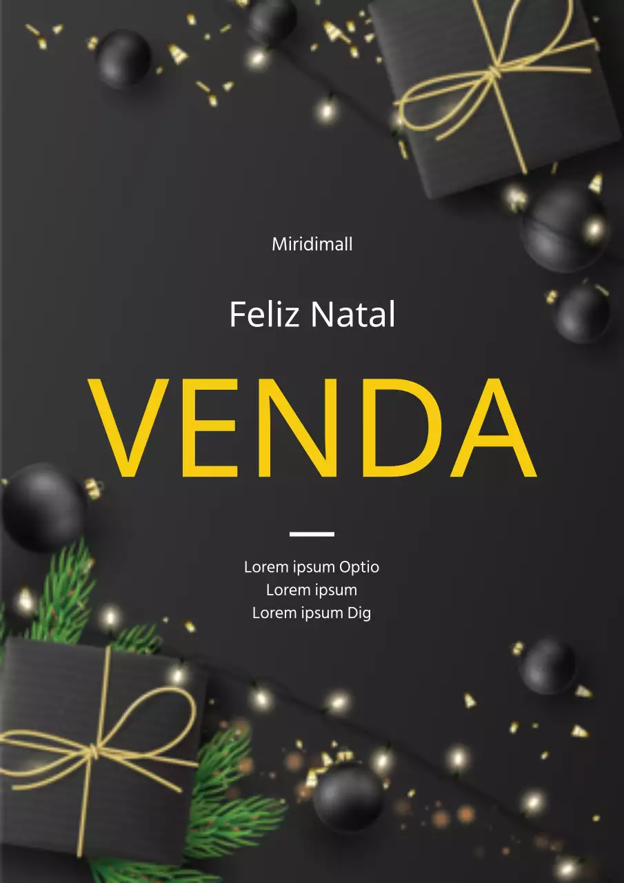 Cartaz promocional do evento de saldos de Natal do centro comercial em preto e dourado