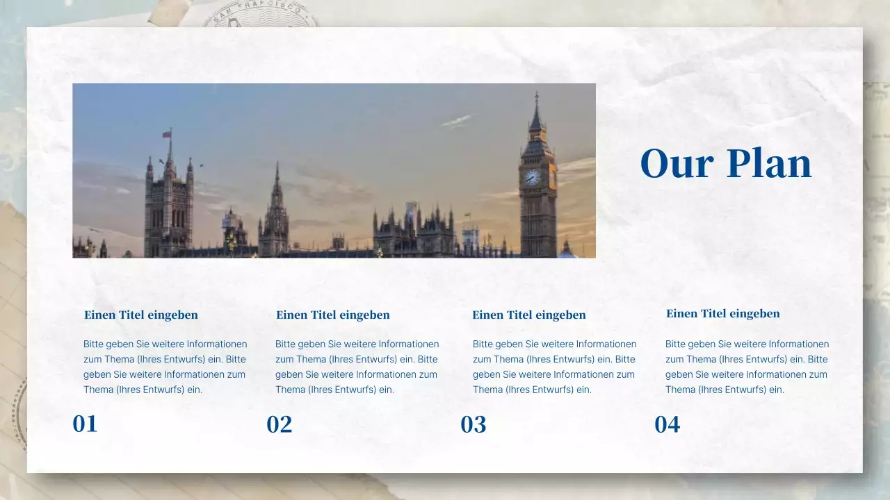 Ein postkartenähnliches Reisebüro in Blau- und Pastelltönen