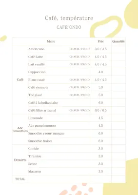 Motif de formes, menu simple de boissons de café