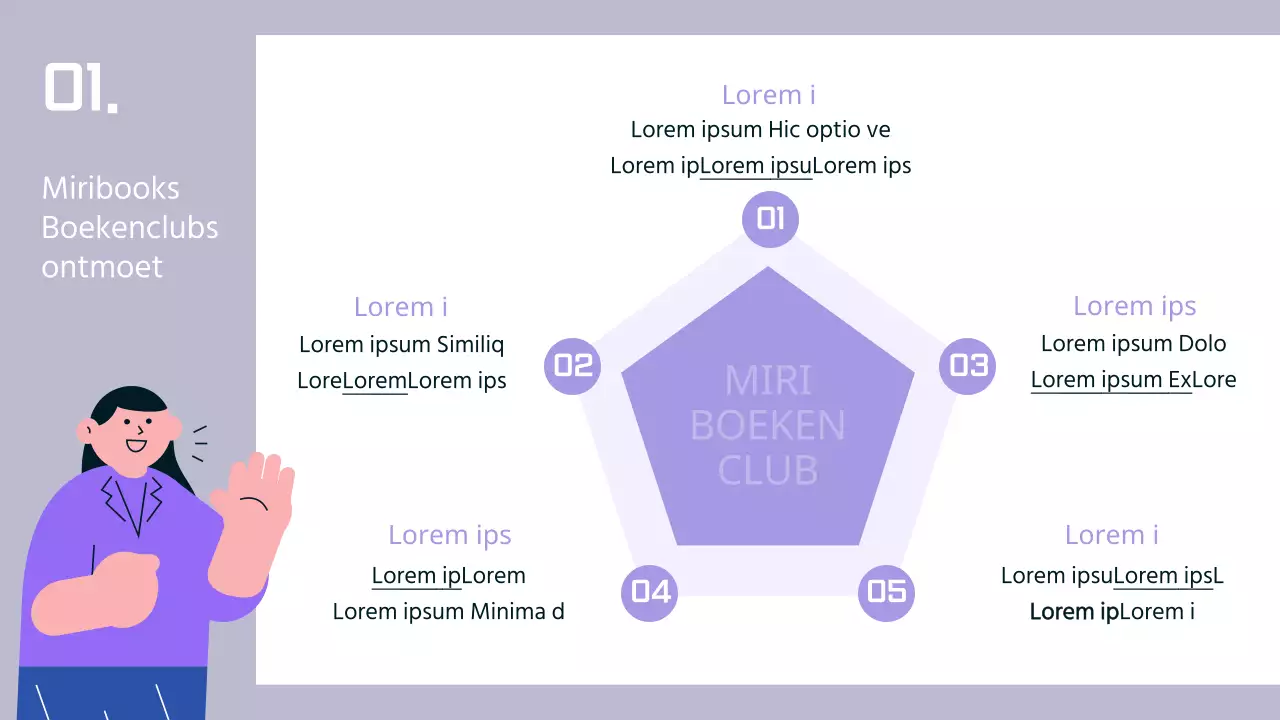Een boekenplankthema met menselijke illustraties op een eenvoudige achtergrond van paars en blauw.