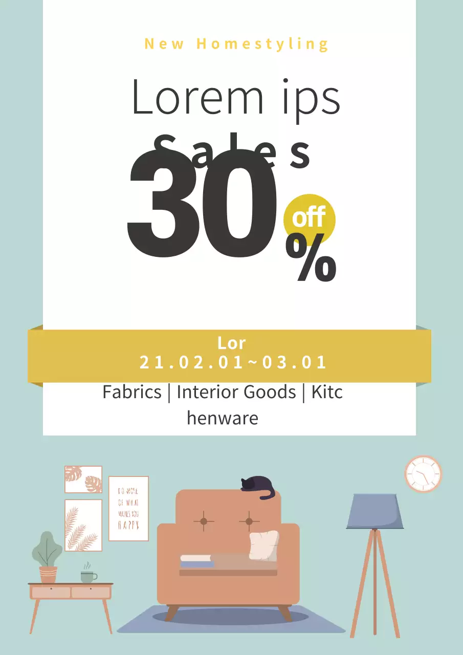 Màu xanh vàng minh họa khuyến mãi sự kiện bán nội thất gọn gàng