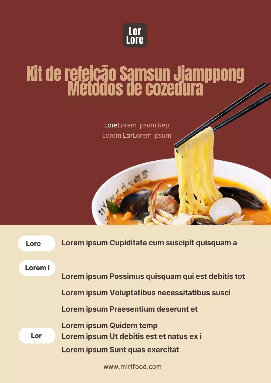 Folheto de instruções para um conjunto simples de cozinha ramen vermelho e bege