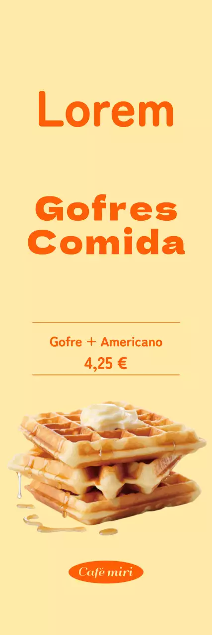 Promocione un menú de gofres limpio con detalles en naranja sobre fondo amarillo