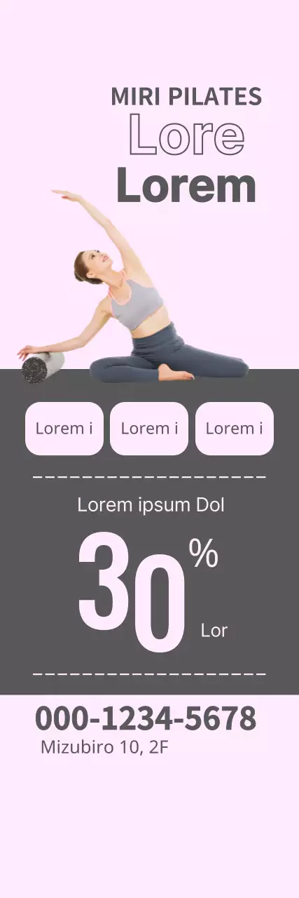 Bannière de l'événement Pilates Open Event avec des carrés gris sur fond rose