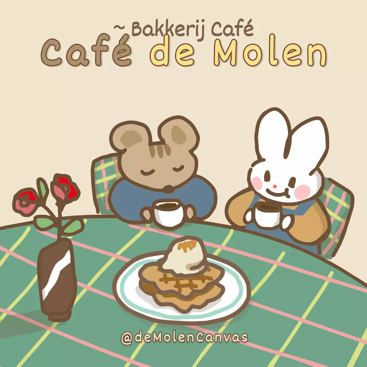 Een café met schattige illustraties in beige en bruin