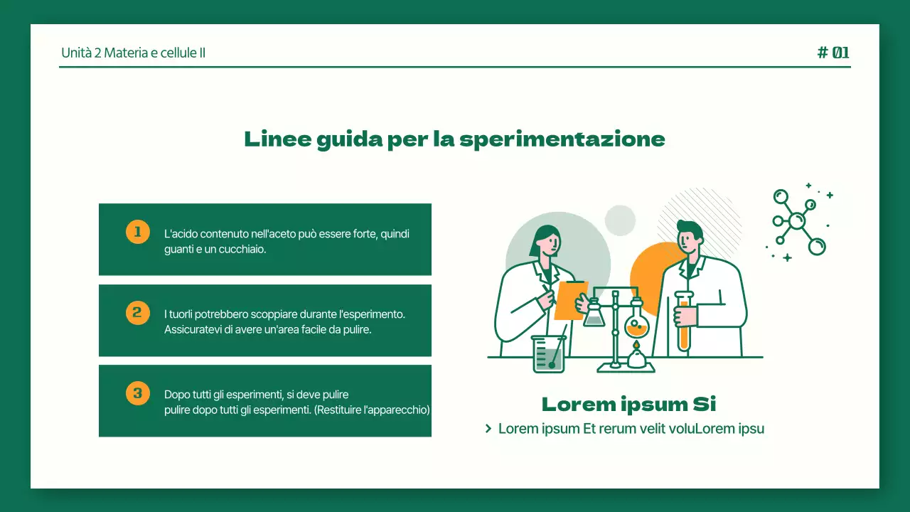 Relazioni di laboratorio di scienze ordinate in verde e arancione