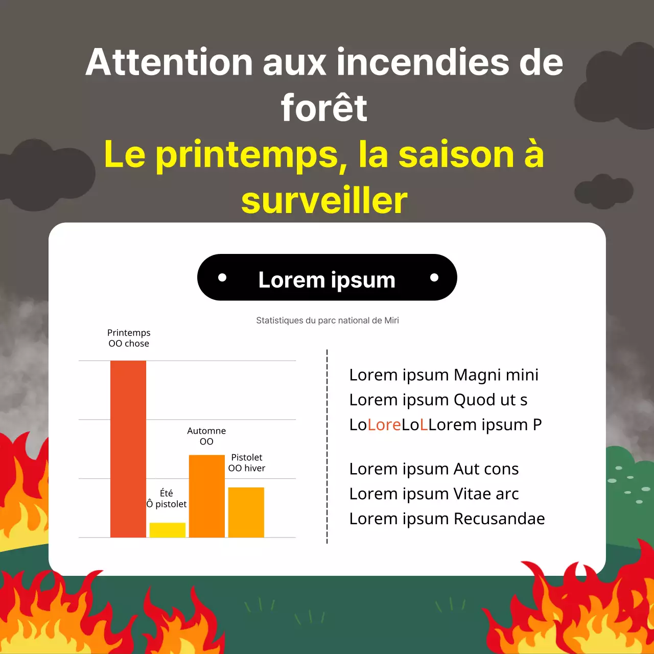 Conseils de sécurité pour les feux de brousse de la saison sèche en avril, en orange, rouge et vert, avec une illustration simple, lisible et mignonne en forme d'affiche.