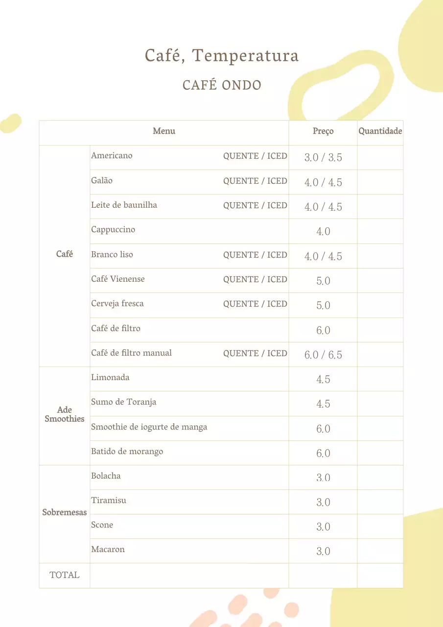 Padrão de formas simples menu de bebidas de café