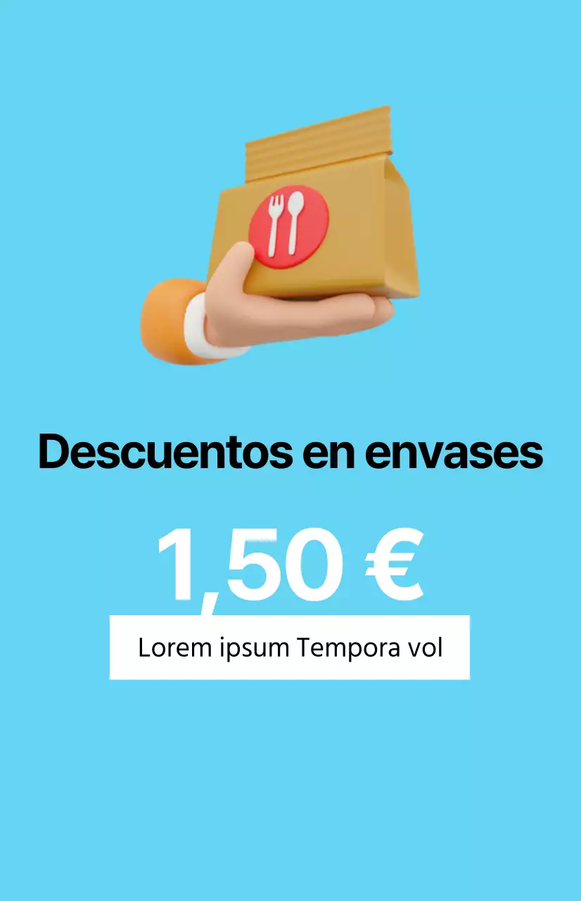 Una promoción de descuento limpia con una imagen de comida para llevar sobre un fondo azul claro.
