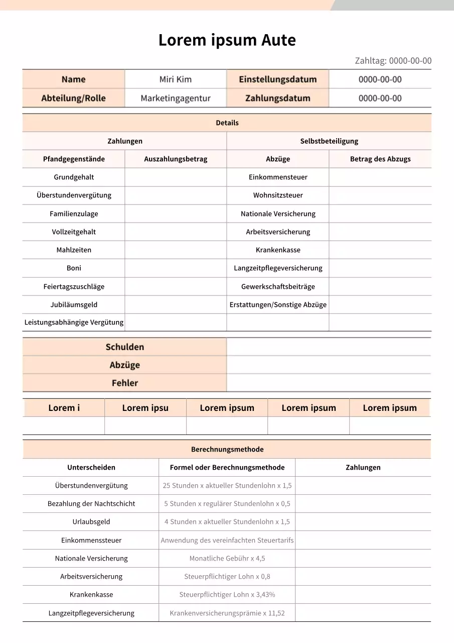 Formatierung der Gehaltsabrechnung in Orange