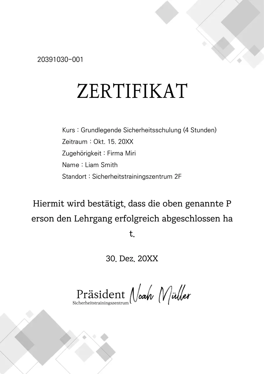 Sicherheitsschulungszertifikat in grauem Muster Schulungszertifikat für Aufzugsmanagement