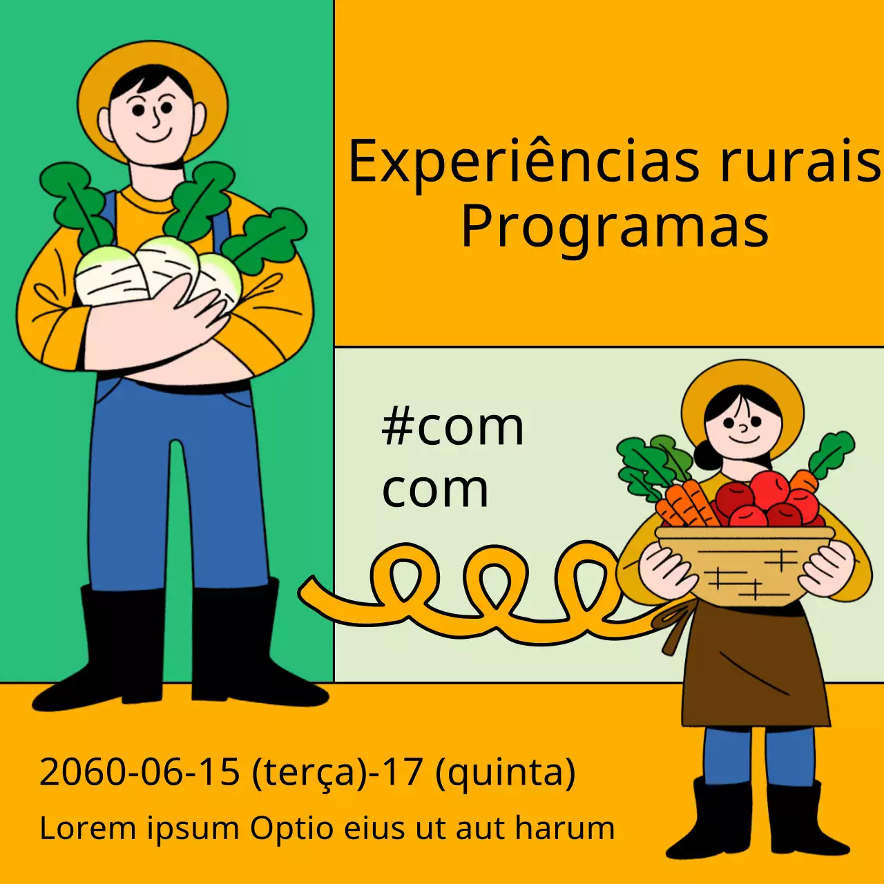 Personagem agricultor em amarelo e menta para promover experiências rurais
