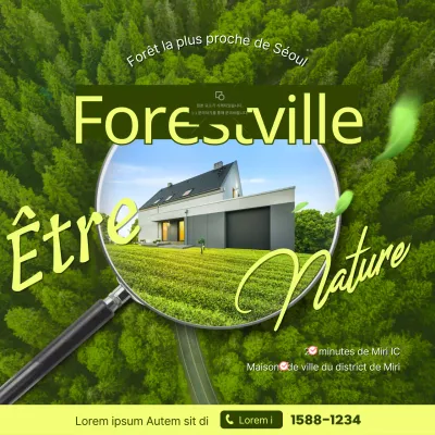 Promouvoir un concept de chalet avec une vue plongeante sur le vaste paysage naturel en vert chartreuse et une loupe.