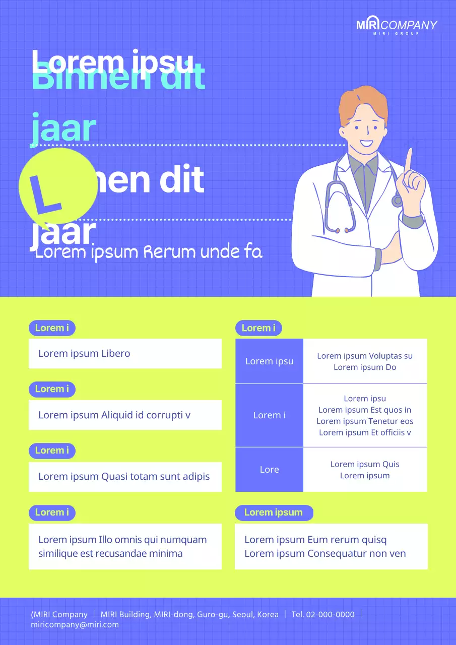 Gezondheidscontrole aankondiging met licht blauw-groene dokter illustratie