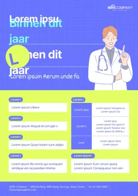 Gezondheidscontrole aankondiging met licht blauw-groene dokter illustratie