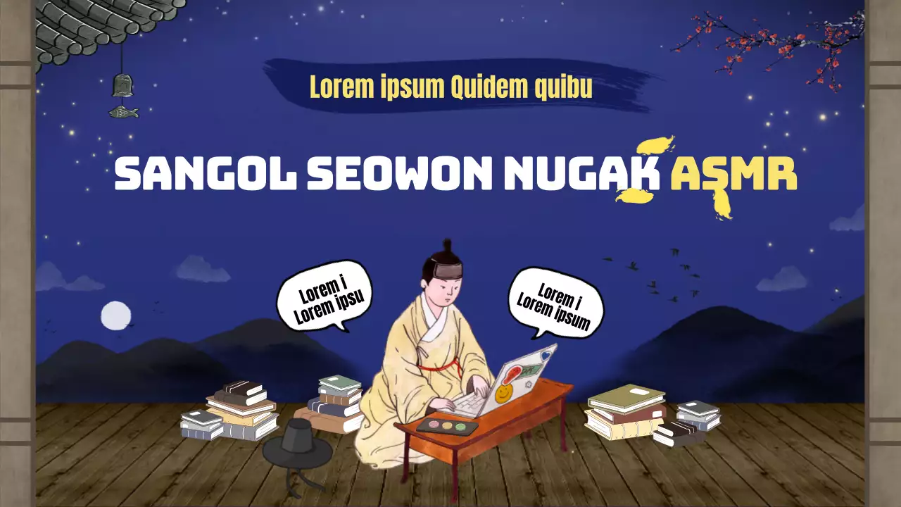 YouTube ASMR thumbnail van een sentimentele sageuk-stijl Joseon Dynasty met indigo nachthemel en bruine vlaktes.