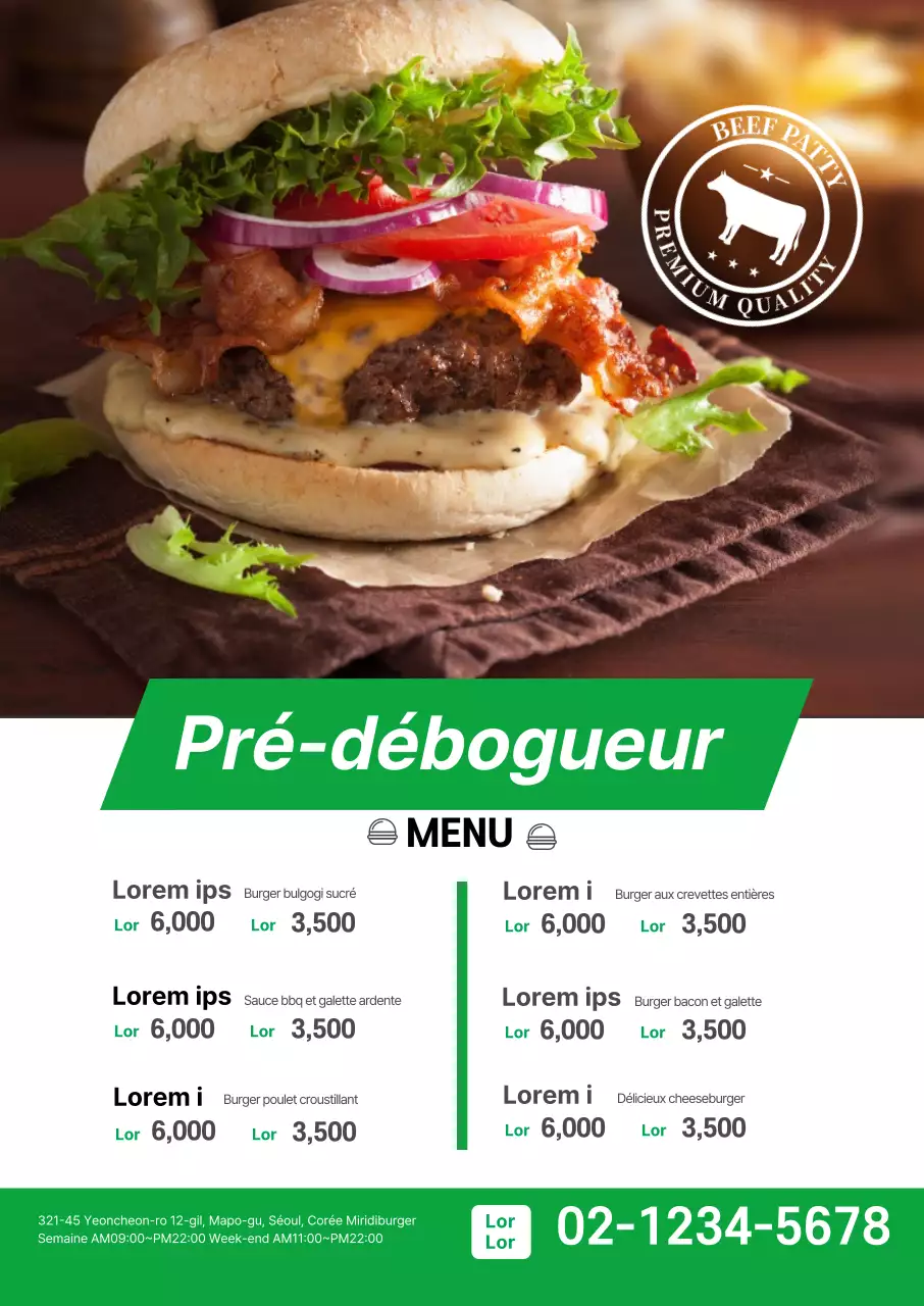 Une photo verte met en valeur la carte des hamburgers d'un restaurant propreUne photo verte met en valeur la carte des hamburgers d'un restaurant propre