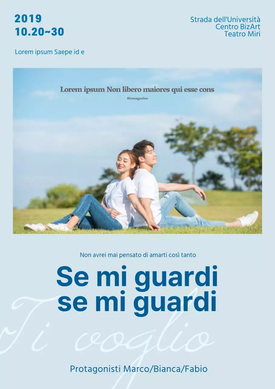 Promuovete un semplice concerto con la foto di una coppia in un parco in azzurro.