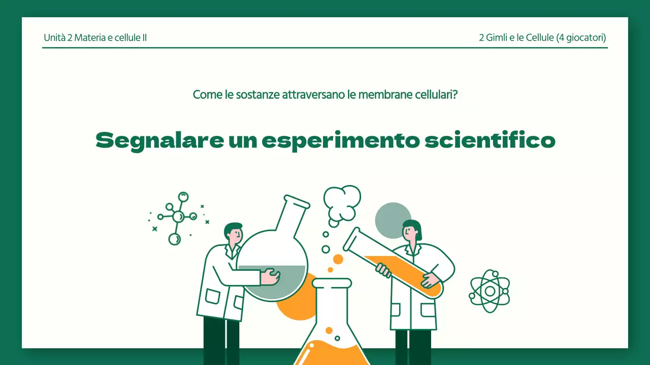 Relazioni di laboratorio di scienze ordinate in verde e arancione