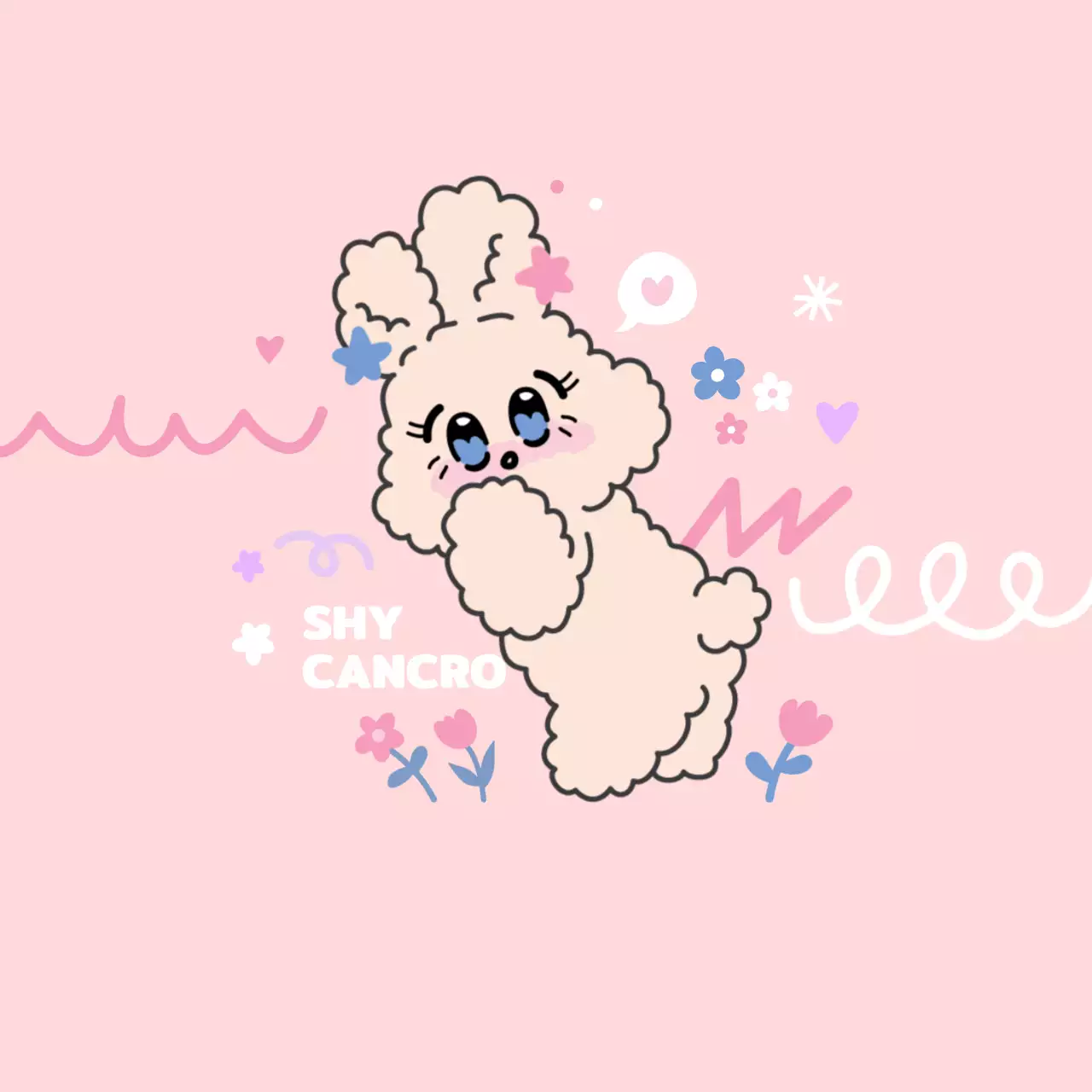 Merchandising personalizzato con varie forme e illustrazioni floreali in rosa e colori pastello e un simpatico coniglietto.