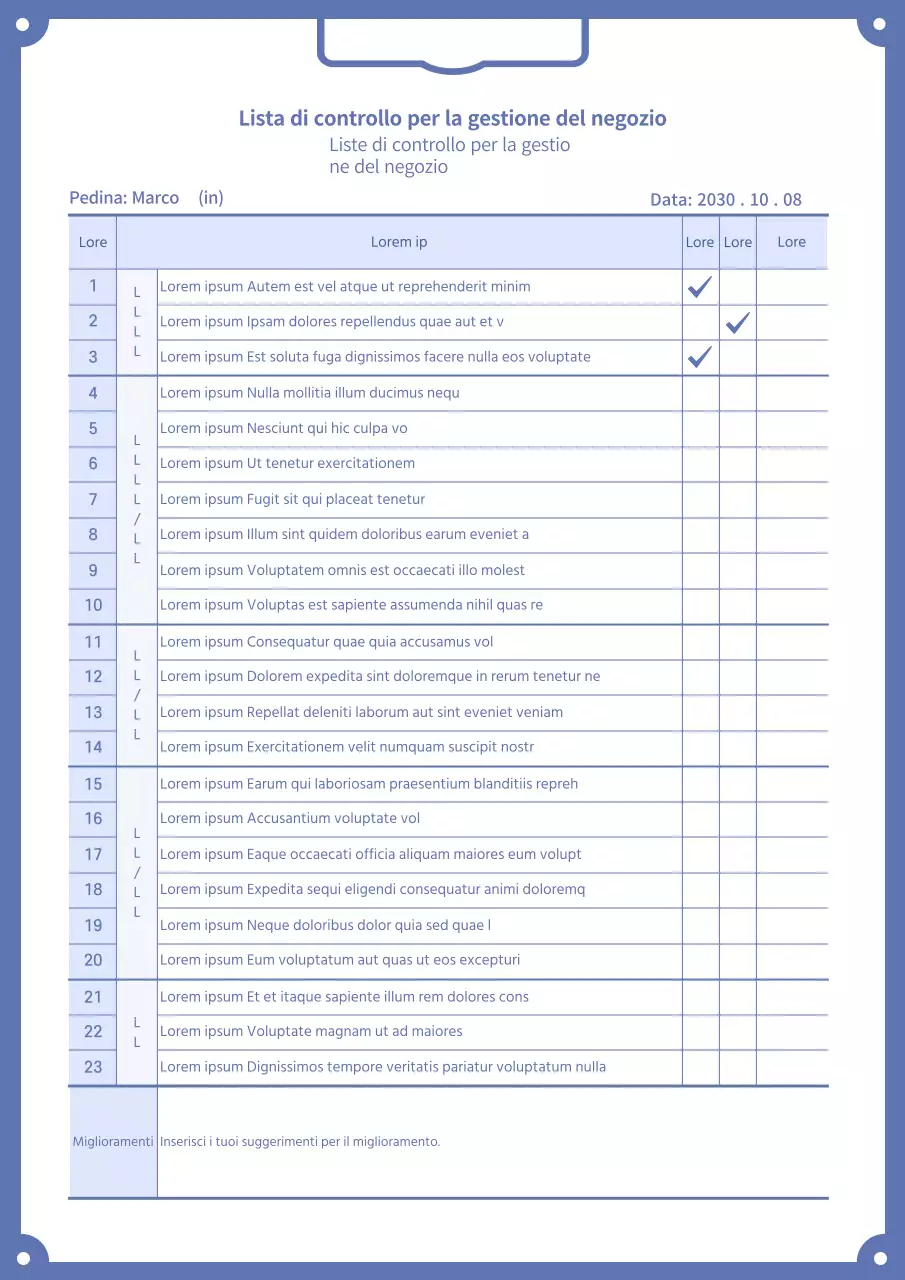 Lista di controllo per la gestione del negozio in stile appunti blu