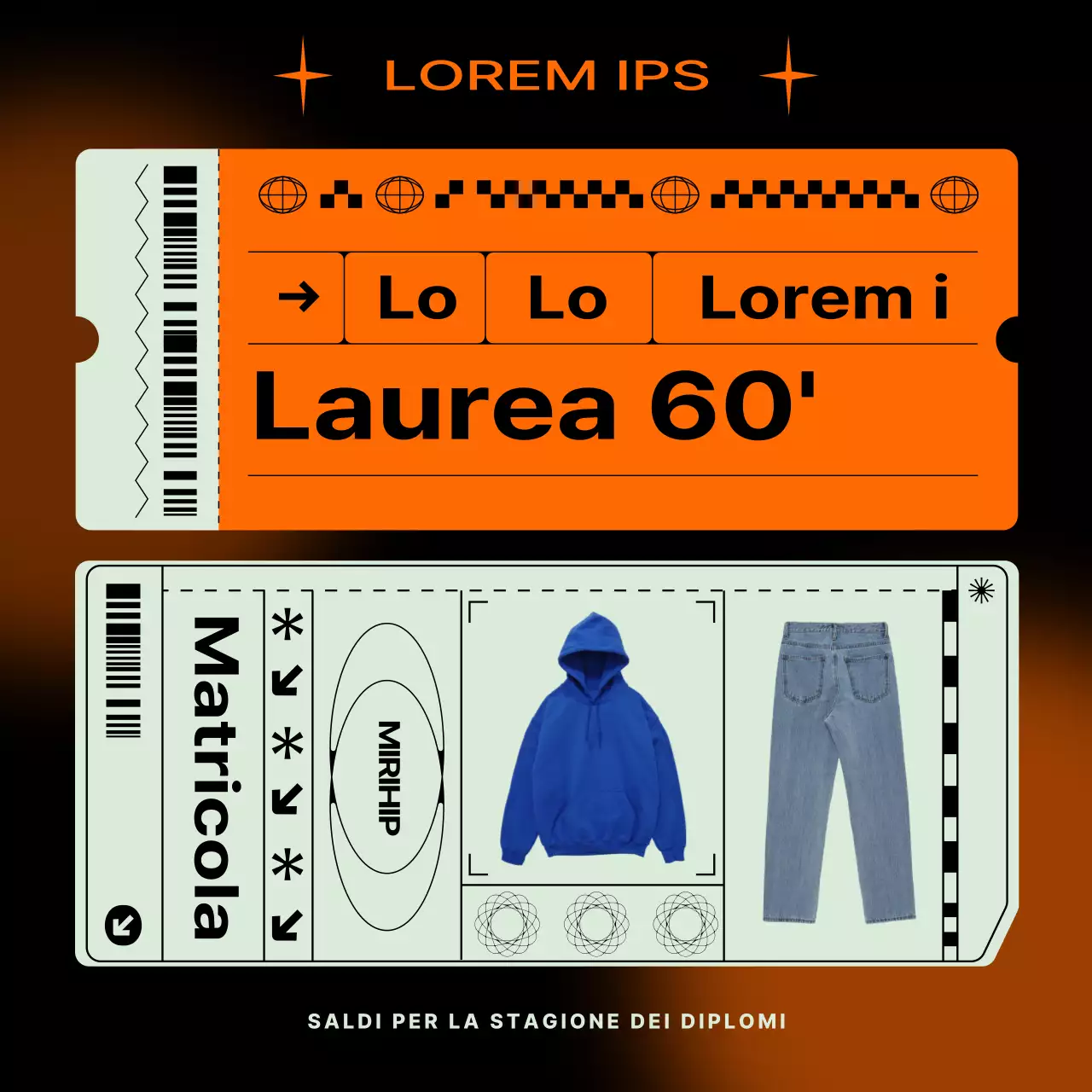 Evento di vendita del centro commerciale di laurea delle ammissioni in nero e arancione