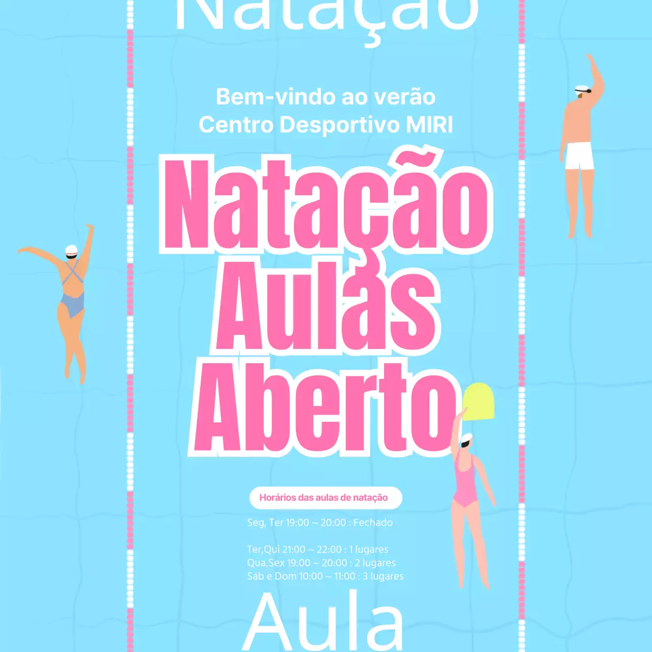 Promova o início das aulas de natação com um fundo ilustrativo de uma piscina com vista superior azul