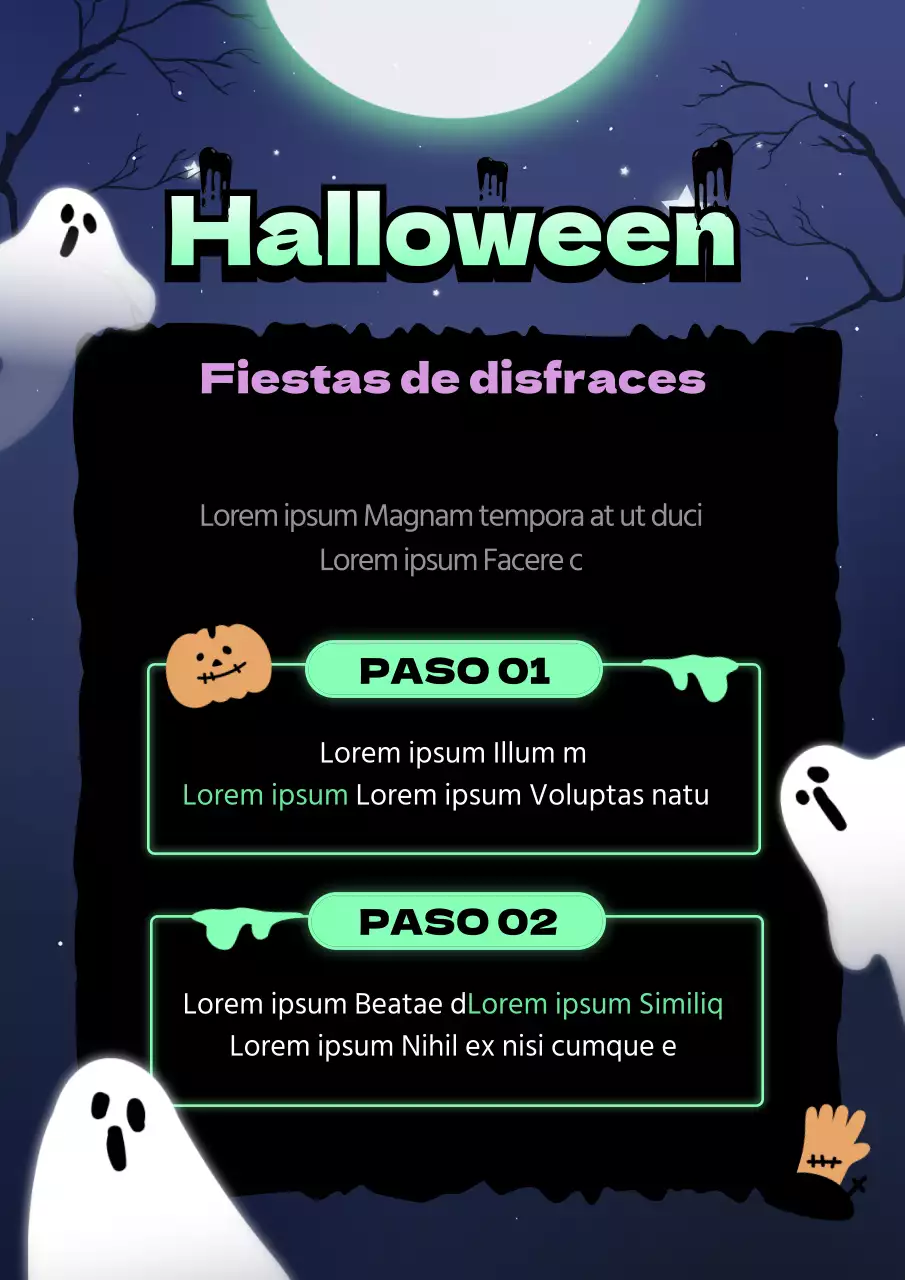 Guía de eventos con temática de fantasmas en verde neón y morado