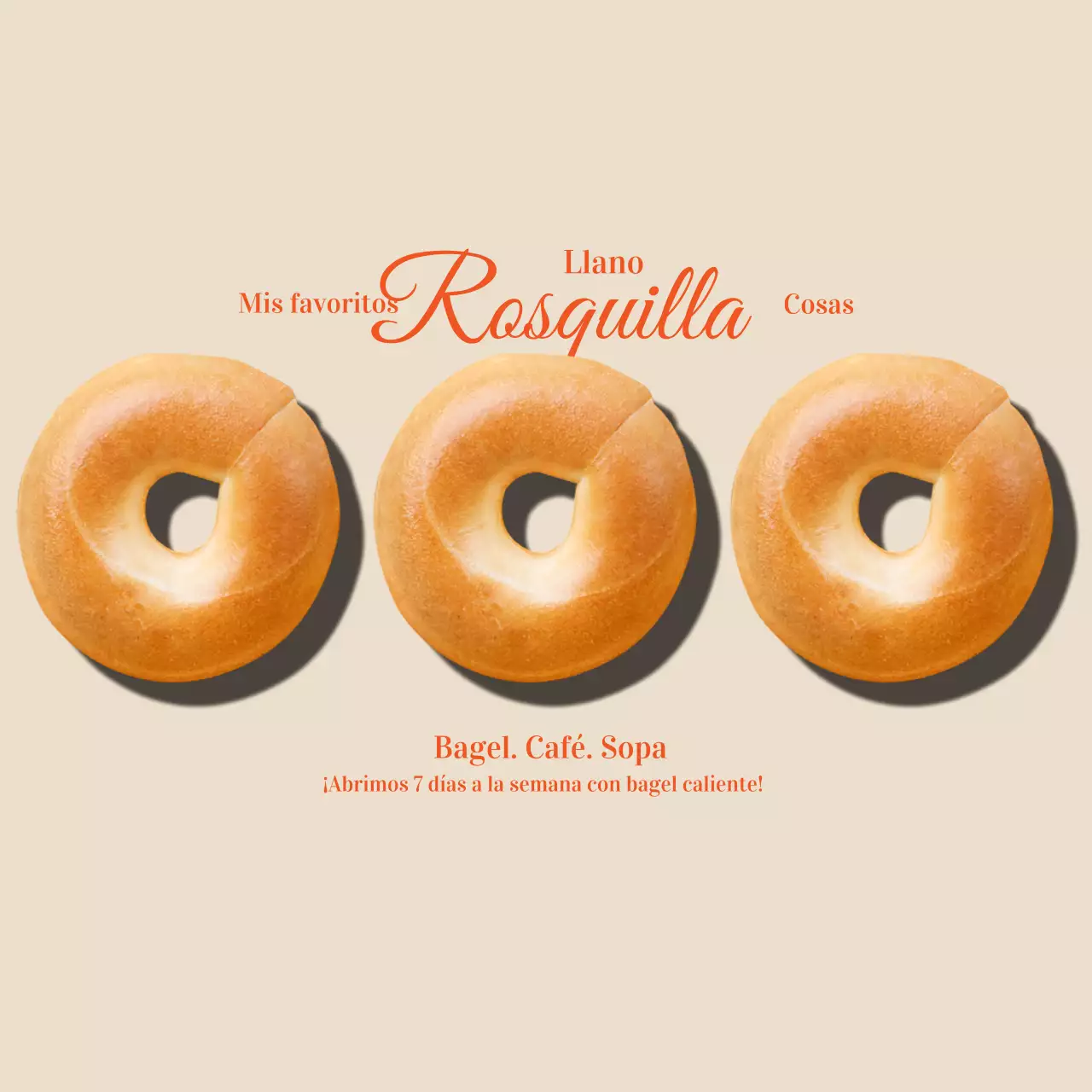 Promoción de una cafetería con una foto de un panecillo con un concepto emocional en beige y rojo.