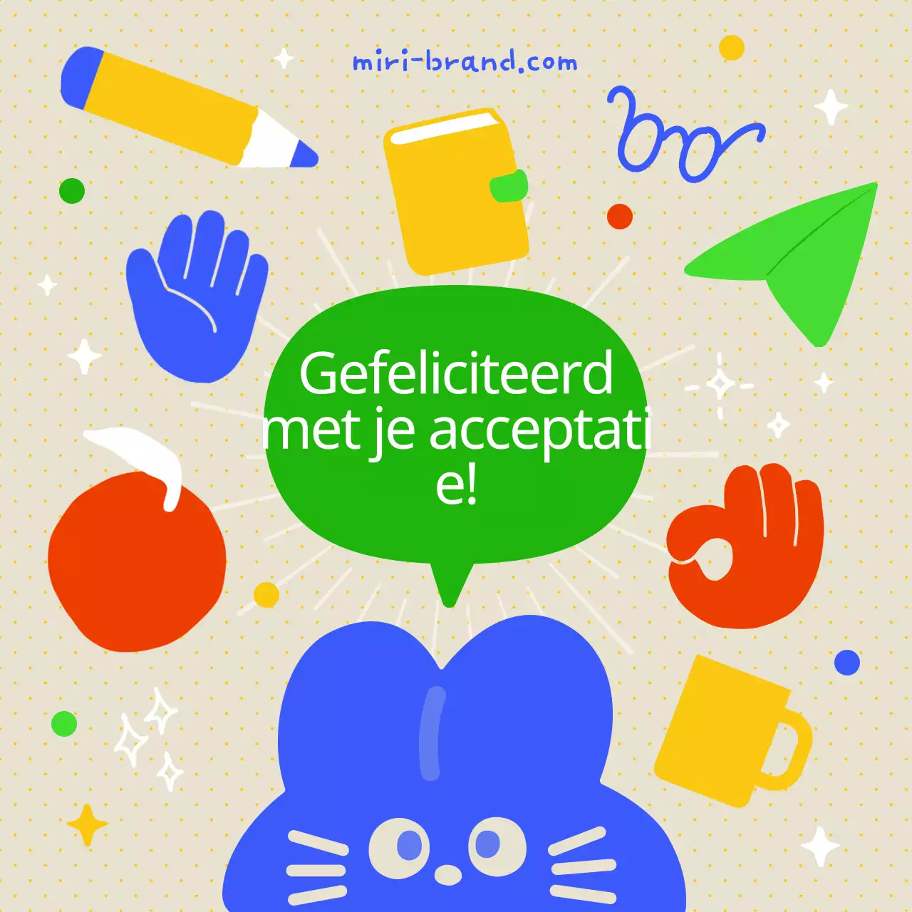 Blauw en geel schattig felicitatiebericht voor toelating